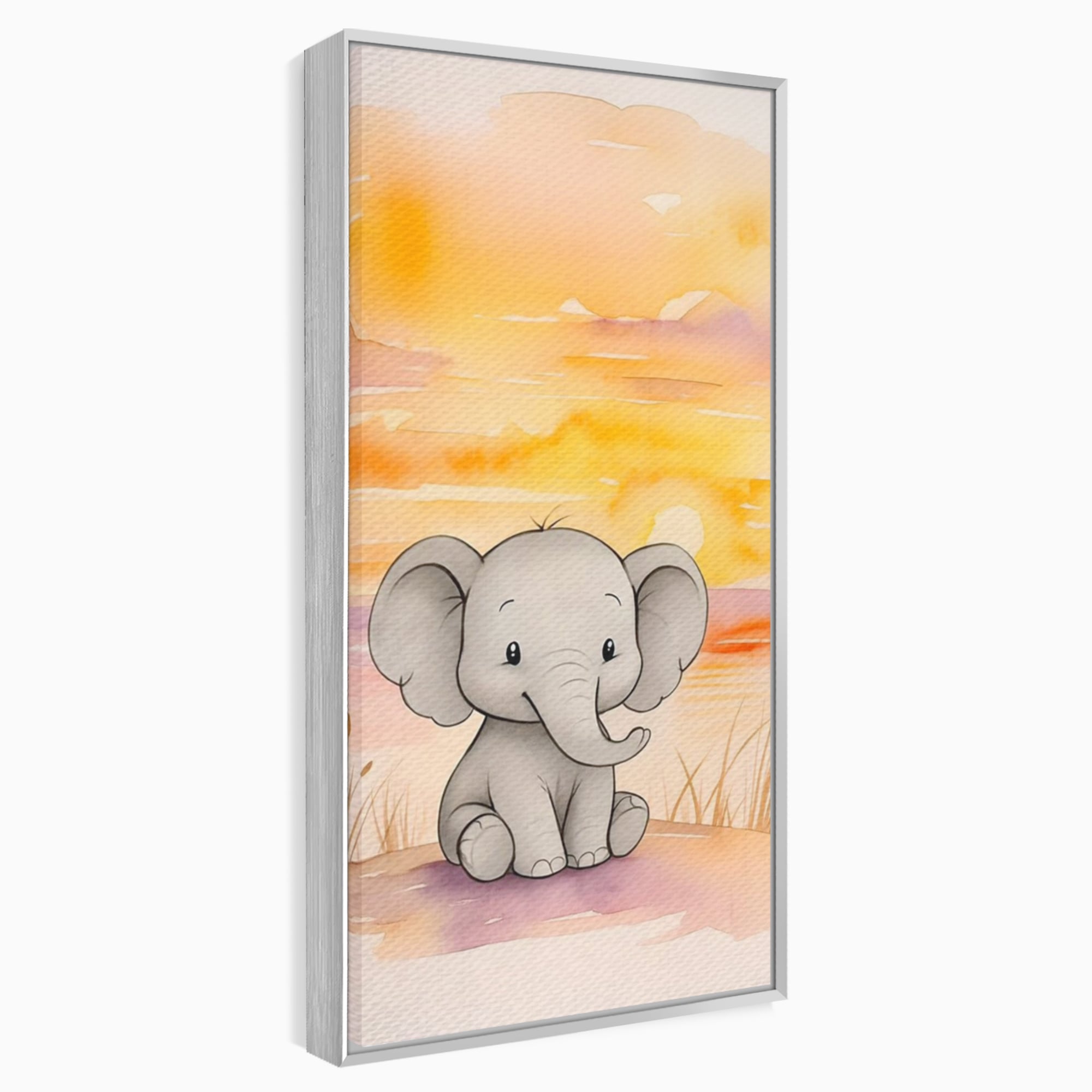 Tablou canvas cu tablou canvas cu un elefantel acuarela, in rama de aluminiu argintiu